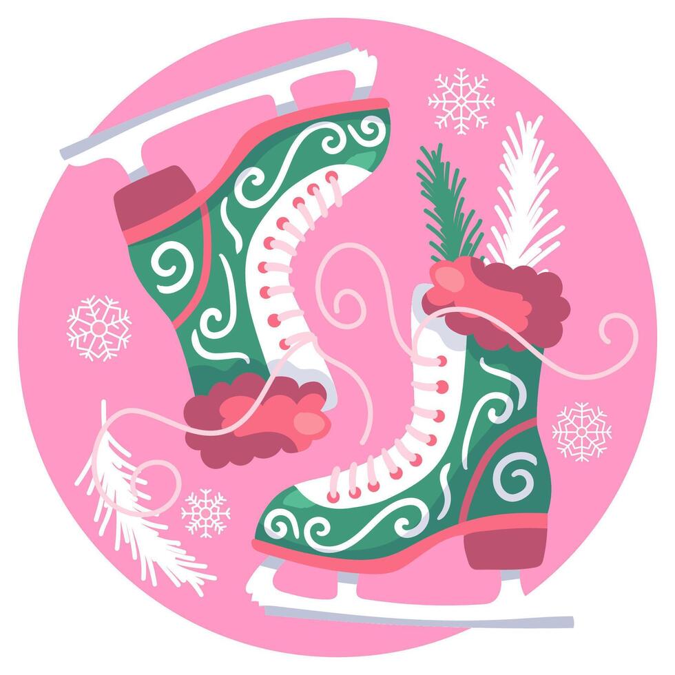 Figure skates for skating on ice cartoon illustration. Cute green skates on pink background vector