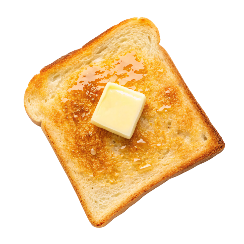 A lightly toasted slice of bread with a square of butter melting atop a shiny honey glaze, evoking a rich, simple, delicious treat png