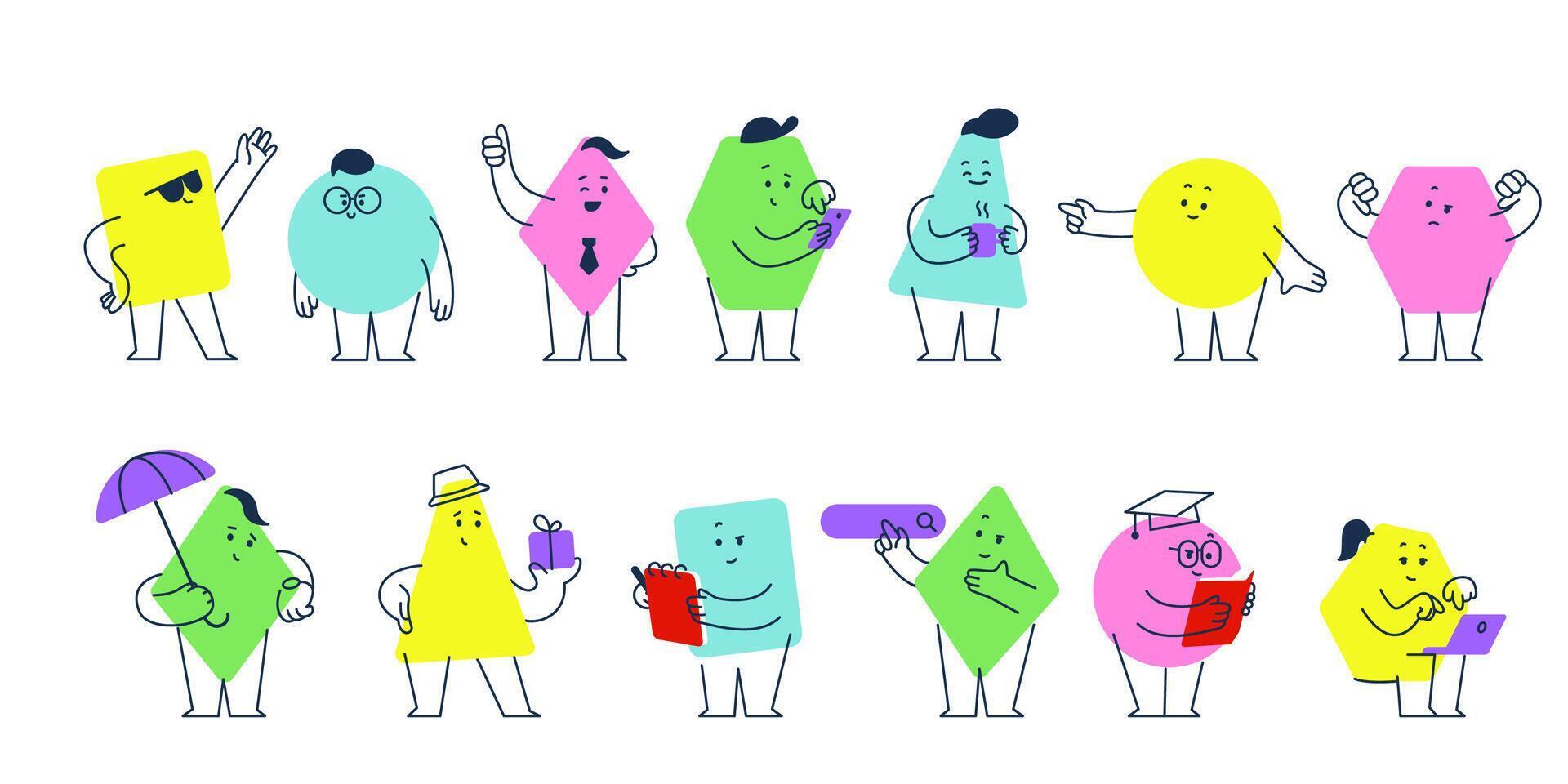 Abstract geometric character. Simple cute geometry shapes with funny faces, legs, hands. Funny square, triangle, circle. set. vector