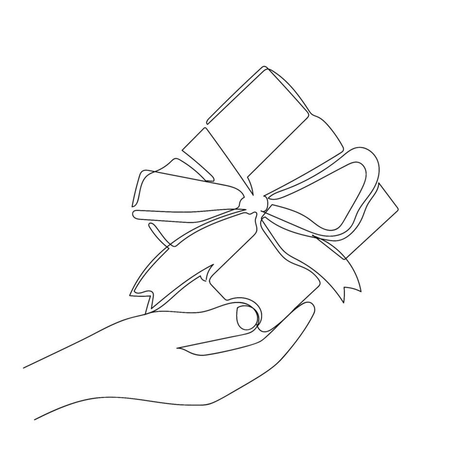 Christmas gift in hand in one line drawing style. minimalist illustration. vector