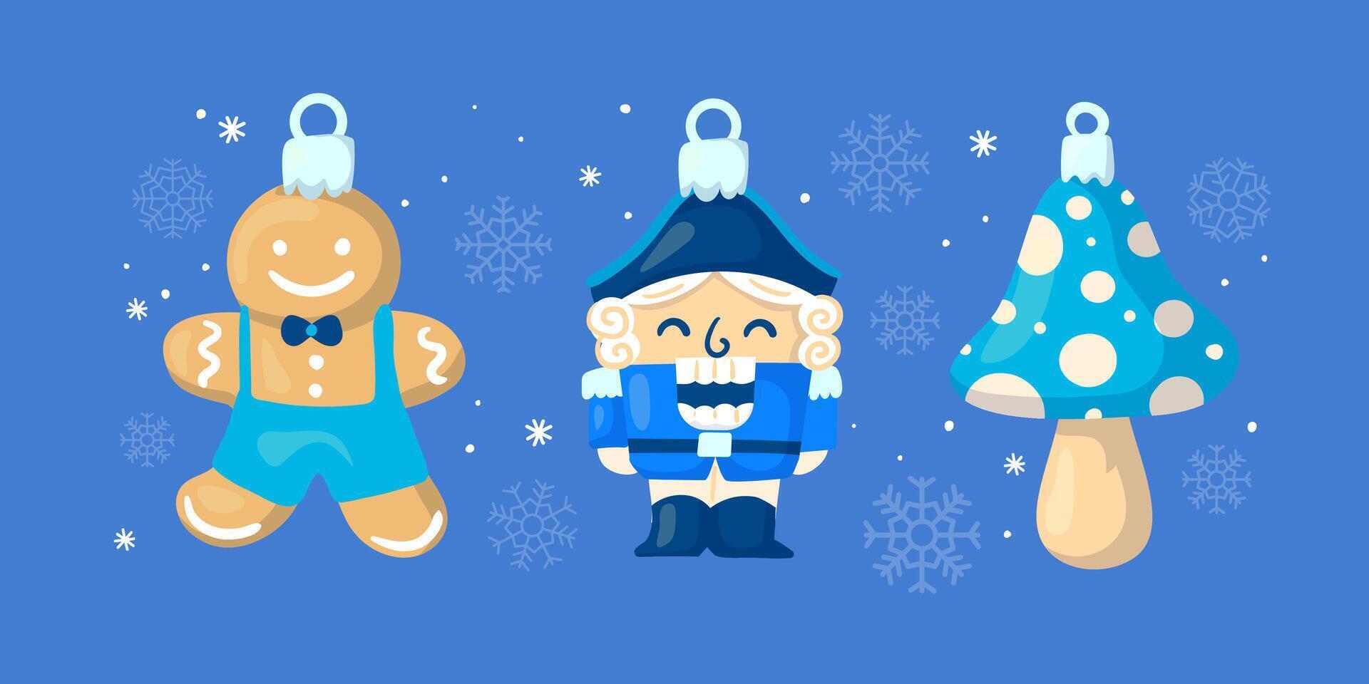 Christmas tree ornaments set. Gingerbread cookie, nutcracker, fly agaric mushroom. vector