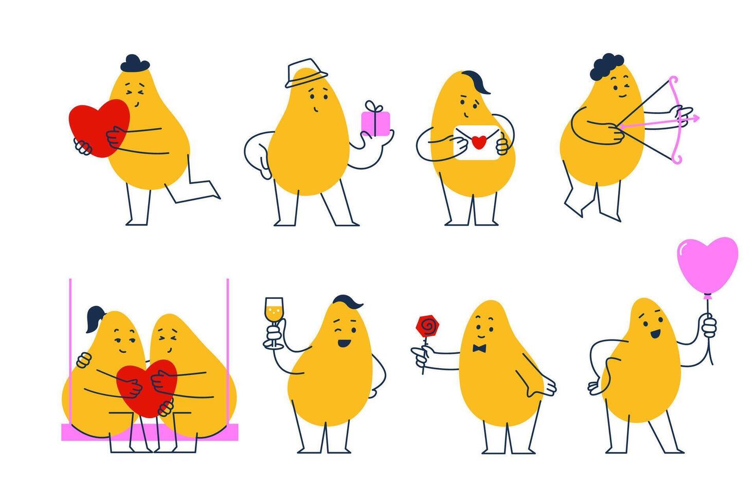 Set of simple mascot with face emotions, hands and legs. Valentines Day. Trendy illustration for kids. Cute funny characters isolated vector