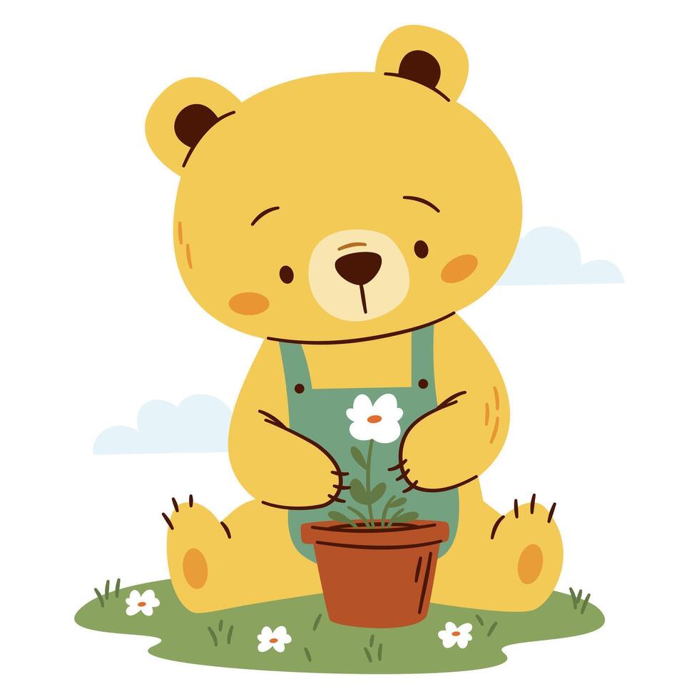 Flat illustration on white background in simple childish style. Cute bear cub planting flowers in a pot, spring illustration vector