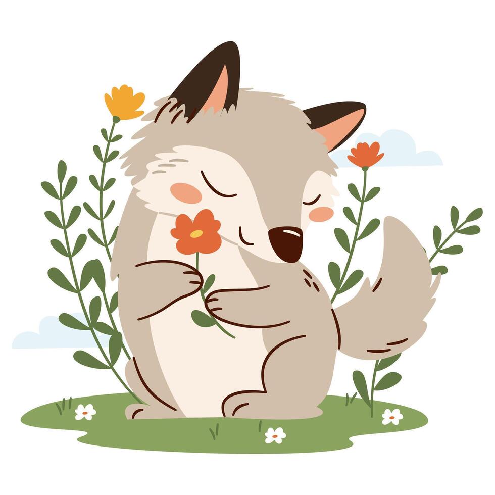 Flat illustration on white background in simple childish style. Cute wolf holding a flower in its paws, spring illustration vector