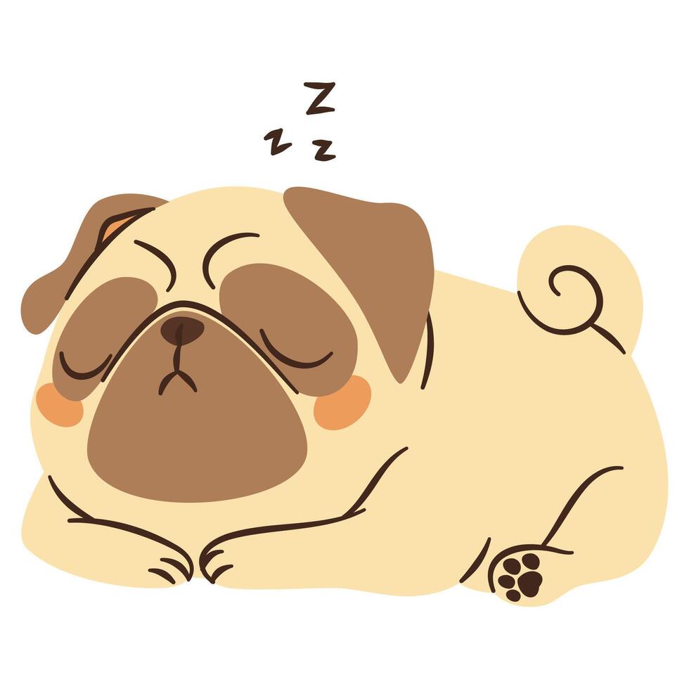 Cute pug sleeping. Flat illustration in simple child style vector