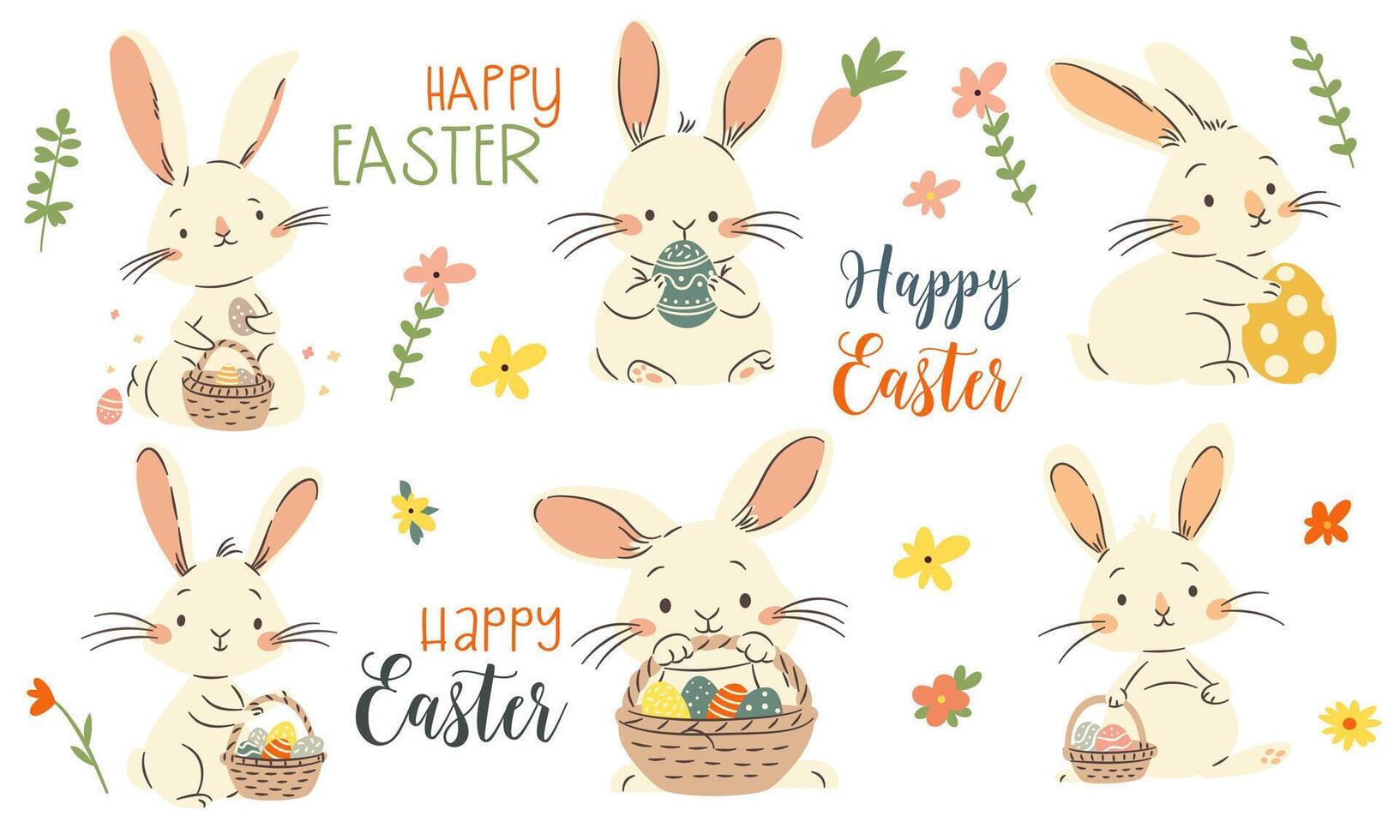 A set of flat illustrations in a simple children's style and lettering on the theme of Easter. Cute bunnies and rabbits holding baskets with Easter eggs vector