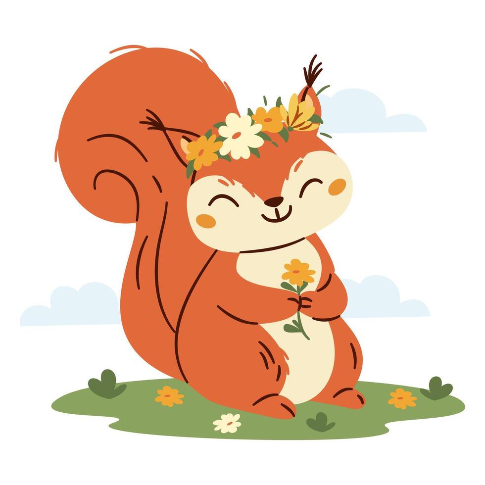 Flat illustration on white background in simple childish style. Cute squirrel with wreath of flowers on his head, holding flowers, spring illustration vector