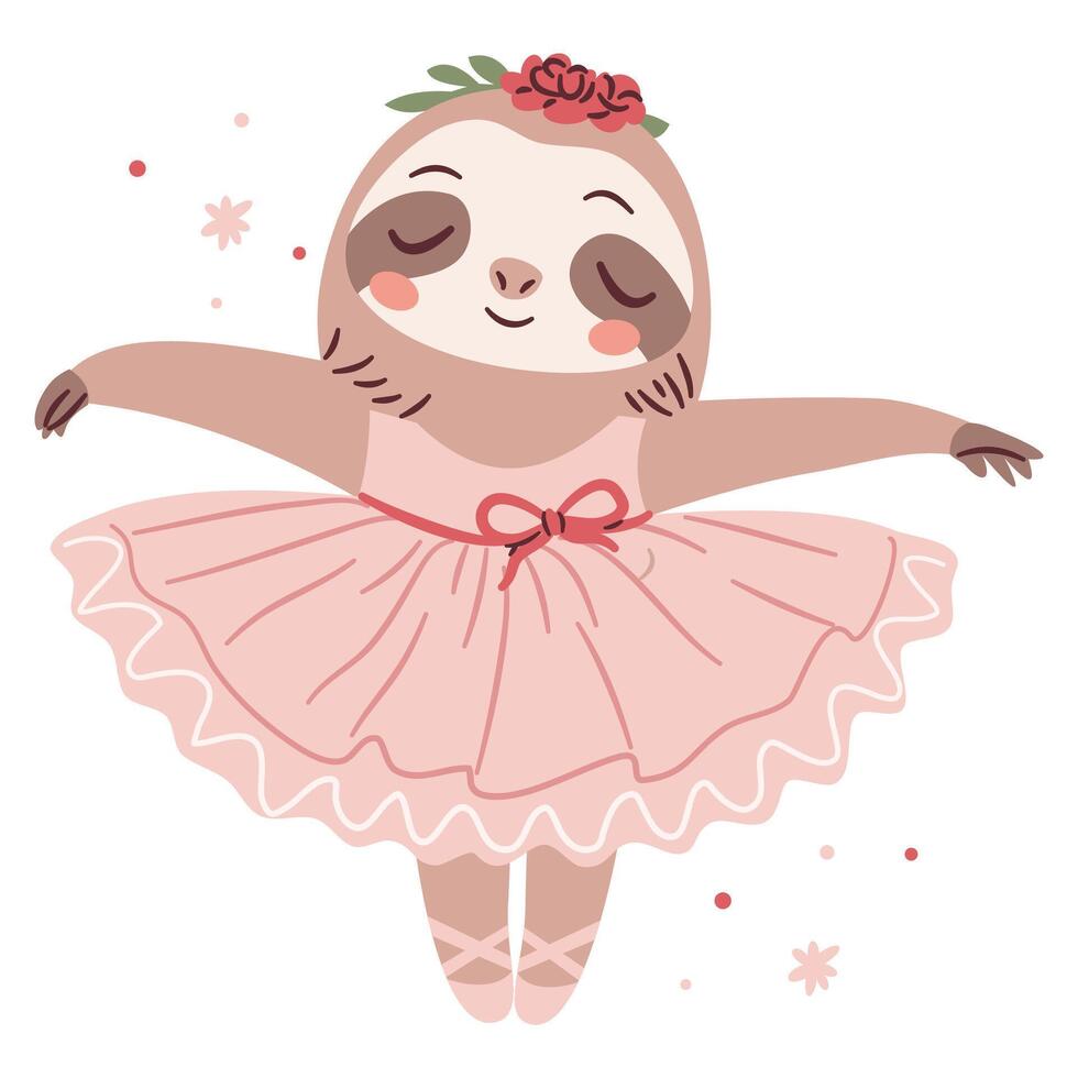 Cute sloth ballerina dancing ballet, ballet tutu. Flat illustration in simple child style vector