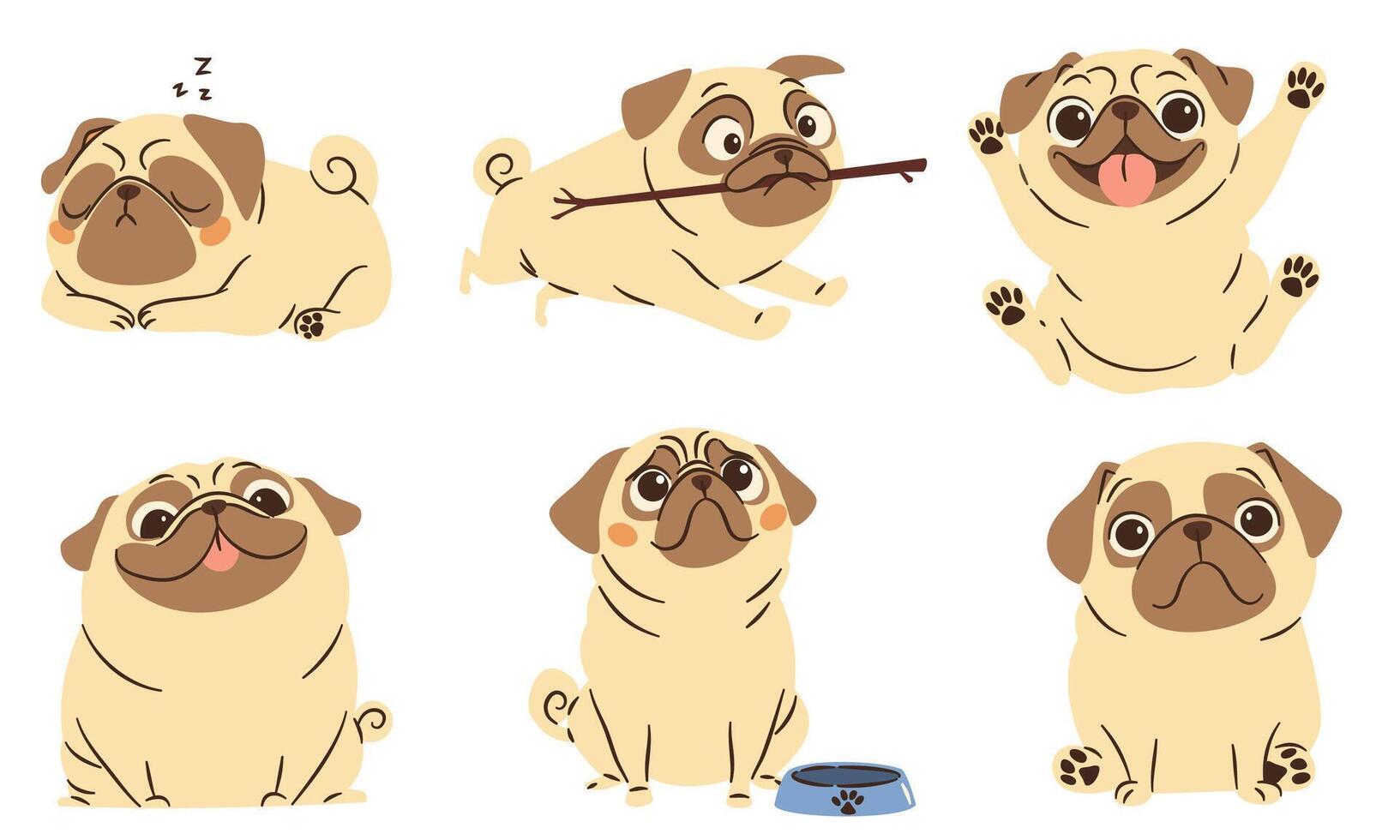 A set of flat illustrations in a simple children's style. Cute funny dogs of pug breed in different poses on white background vector