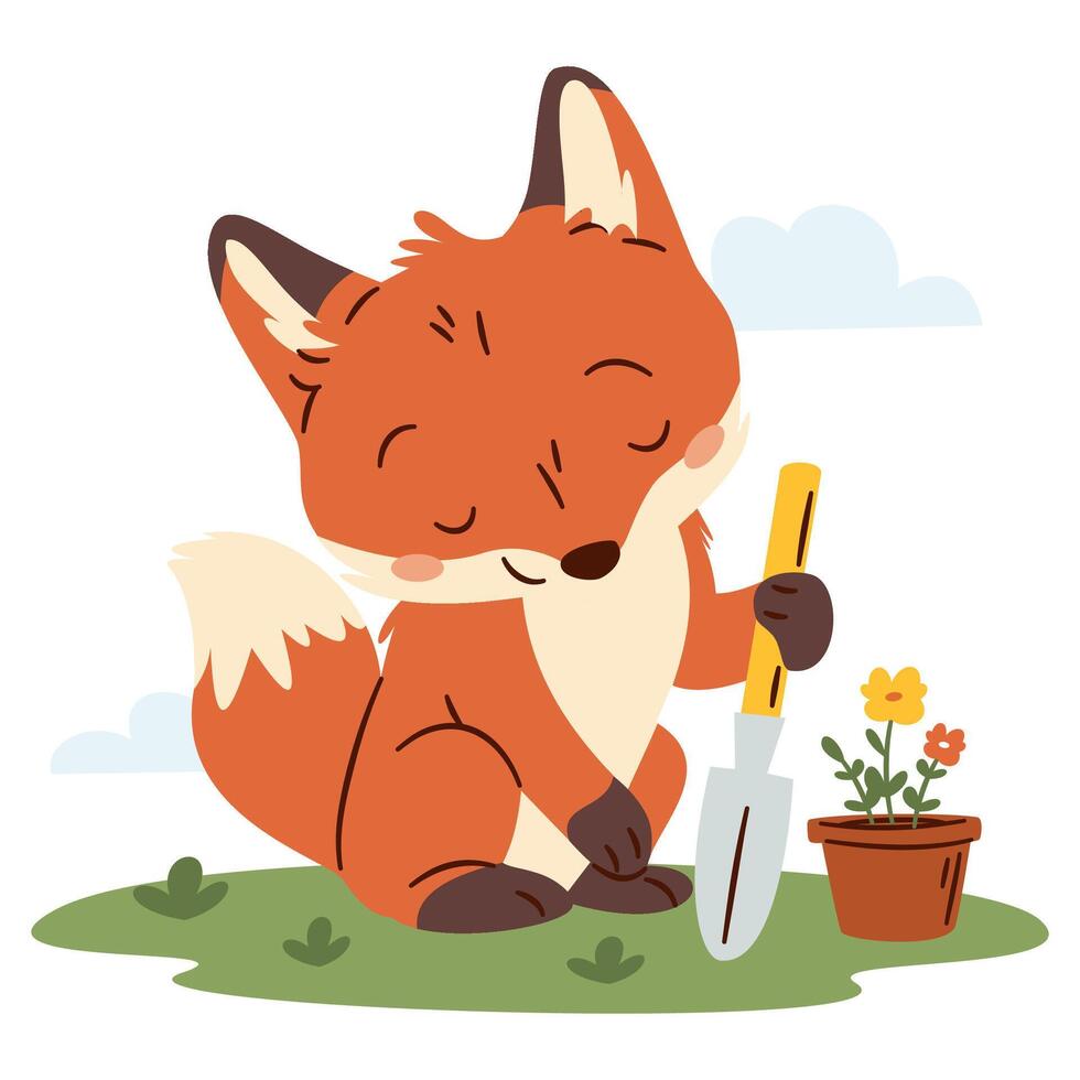 Flat illustration on white background in simple childish style. Cute fox planting flowers, spring illustration vector