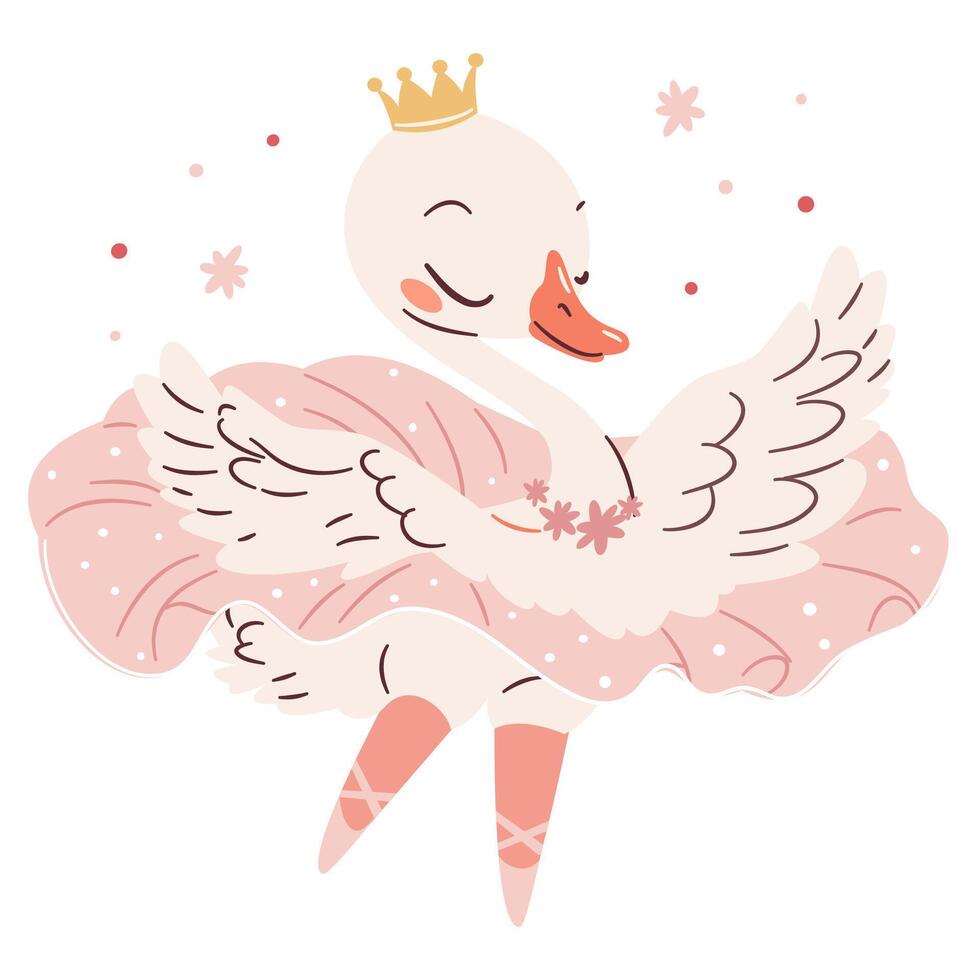 Cute swan ballerina dancing ballet, ballet tutu. Flat illustration in simple child style vector