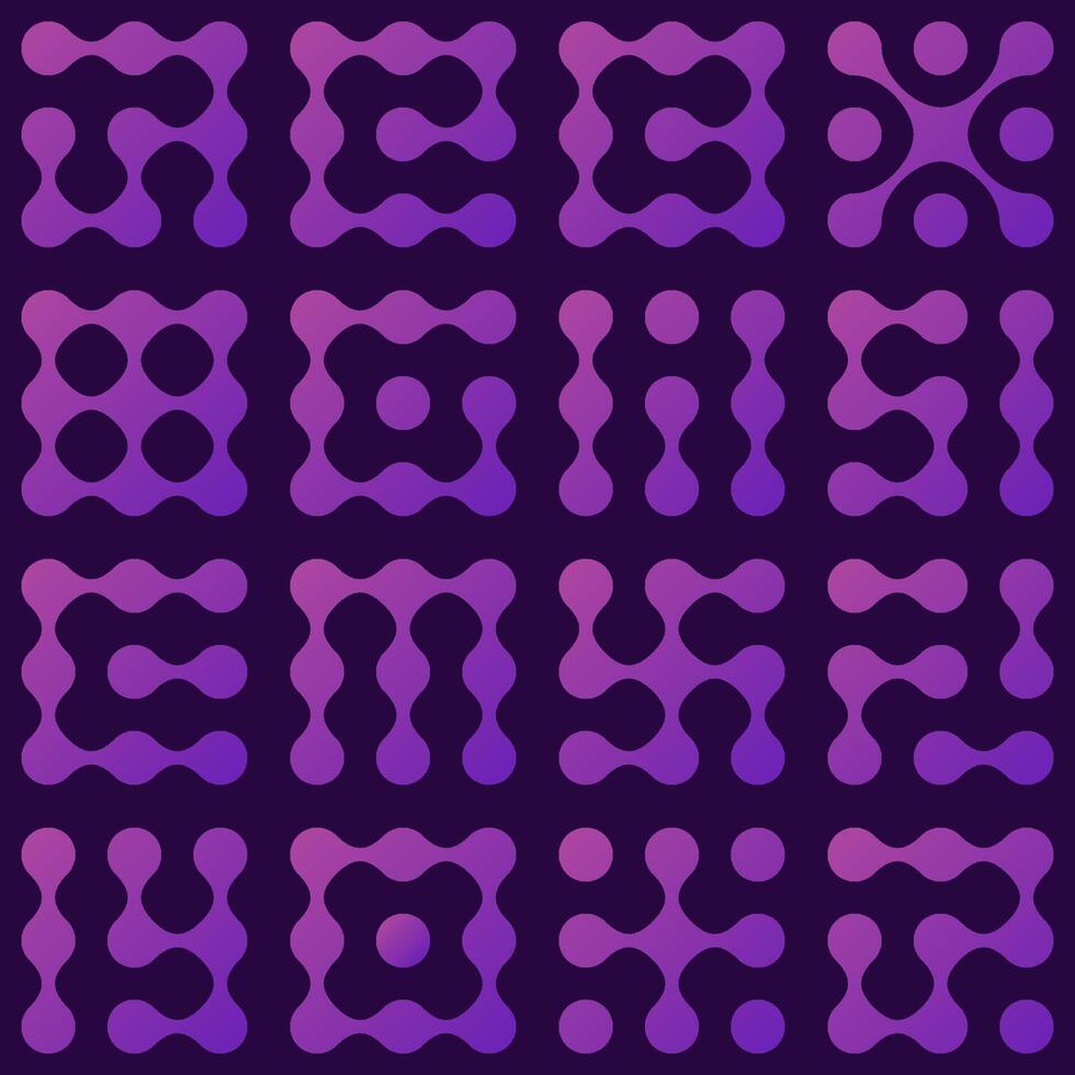 Set of 16 connected molecule icons in violet metaball shapes representing biology chemical structures or neural networks Ideal for technology crypto AI and futuristic design projects vector