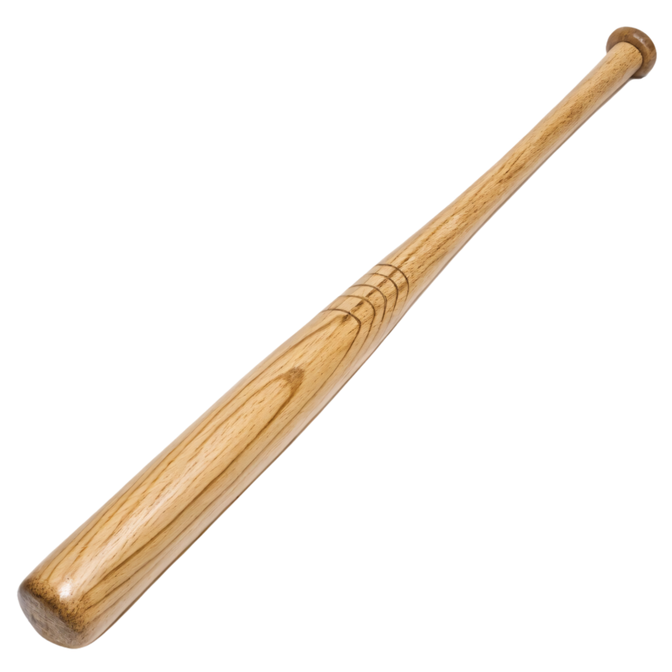 A polished wooden baseball bat with a classic taper. Ideal for sports enthusiasts, showcasing durability and timeless design for recreational or competitive play png