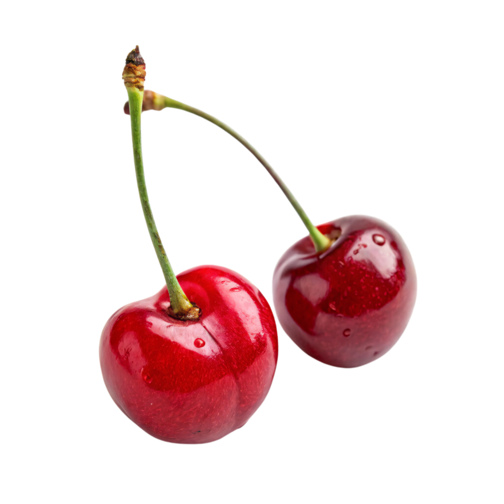 A pair of glossy red cherries, their smooth surfaces reflecting light, with a perfect balance of ripeness and vivid color png