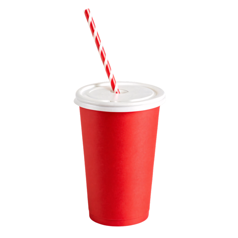 A bright red takeaway cup with a striped red-and-white straw emerging through a white plastic lid png