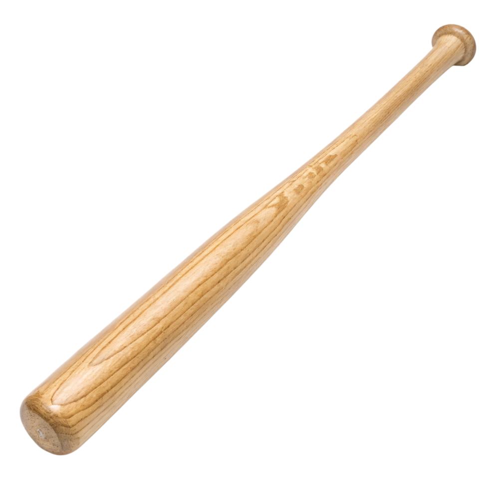 A wooden baseball bat displaying natural grain patterns and ergonomic shape. A reliable tool for batting practice or as a collectible sports item png