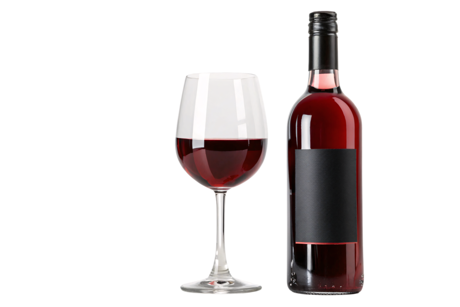 A classic wine bottle with a smooth black label and matching glass filled with dark red liquid, embodying luxury and simplicity png
