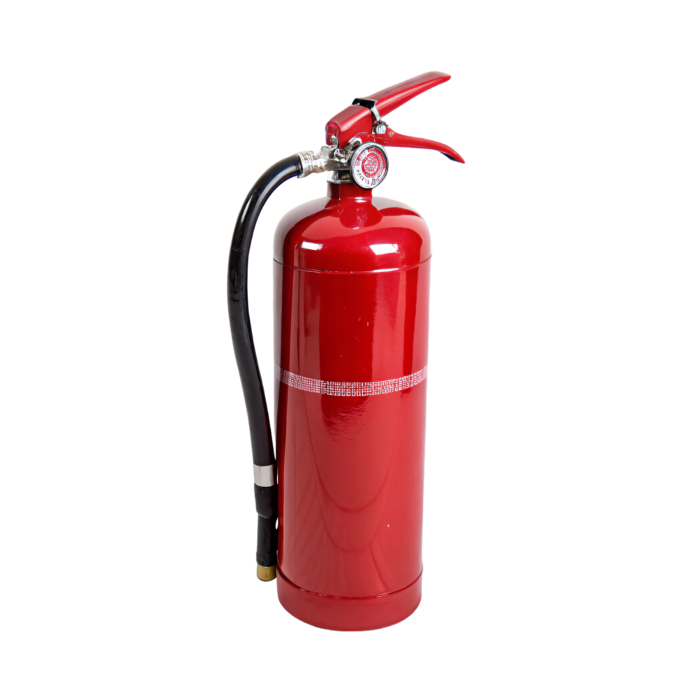 Shiny red extinguisher with a seamless finish, complete with a black nozzle and polished chrome handle. Compact yet powerful, designed for quick fire control png