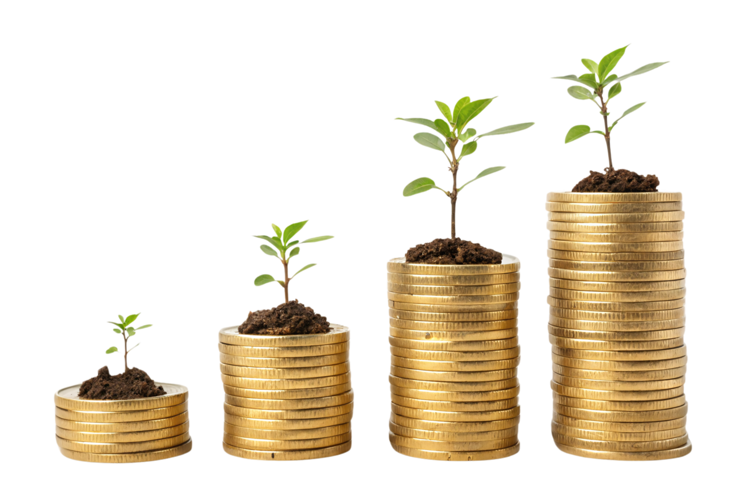 Four stacks of gold coins increasing in size, each topped with sprouting plants, symbolizing financial growth, investments, and the harmony of nature and economy png