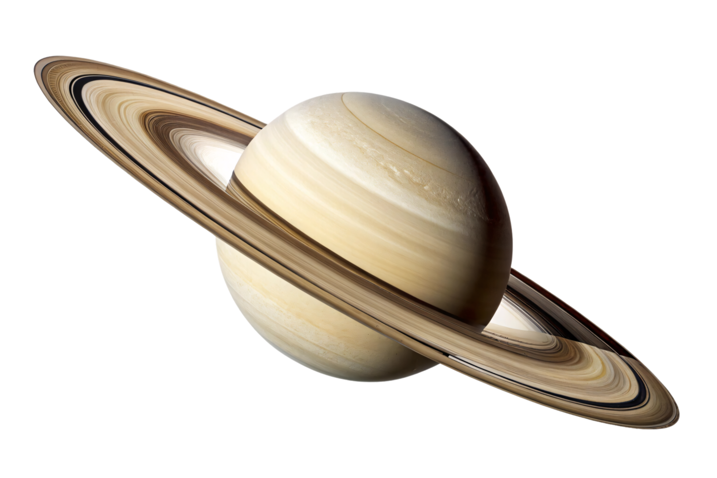 A Saturn, showcasing its smooth surface textures and bold, illuminated rings casting shadows against the planet png