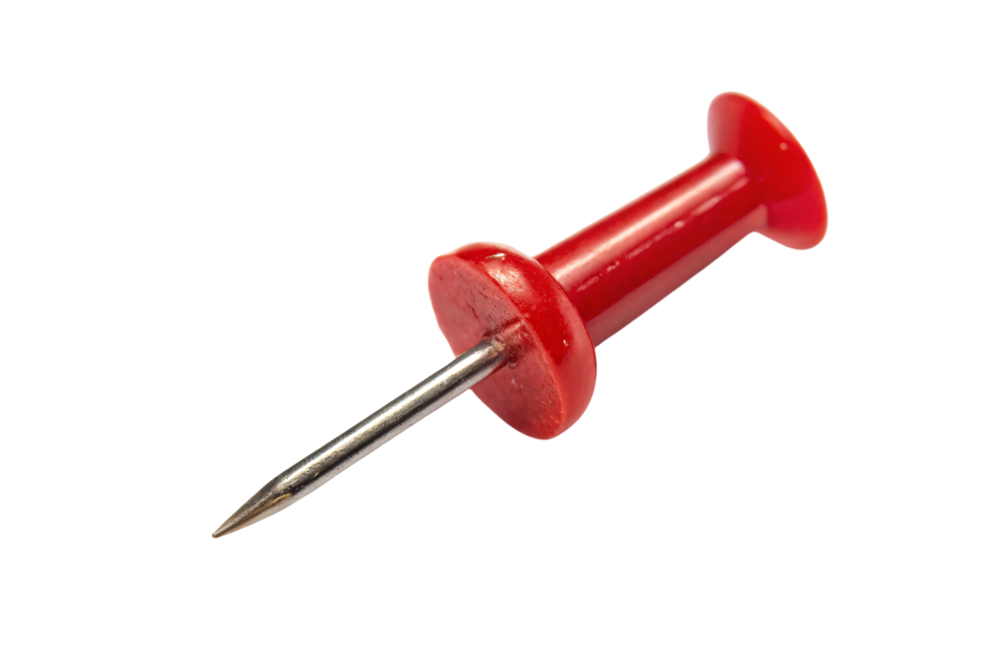 Close-up of a red pushpin, metallic point angled downward, highlighting its cylindrical body and circular base png