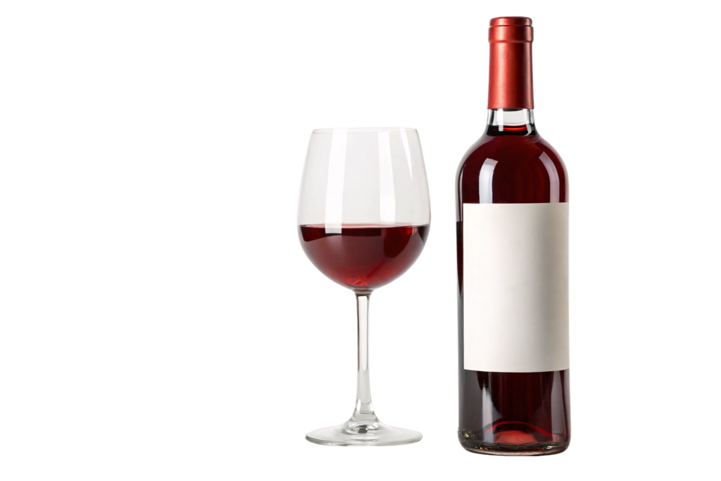 A bottle of deep crimson red wine with a glossy label alongside a glass showcasing its translucent ruby liquid png