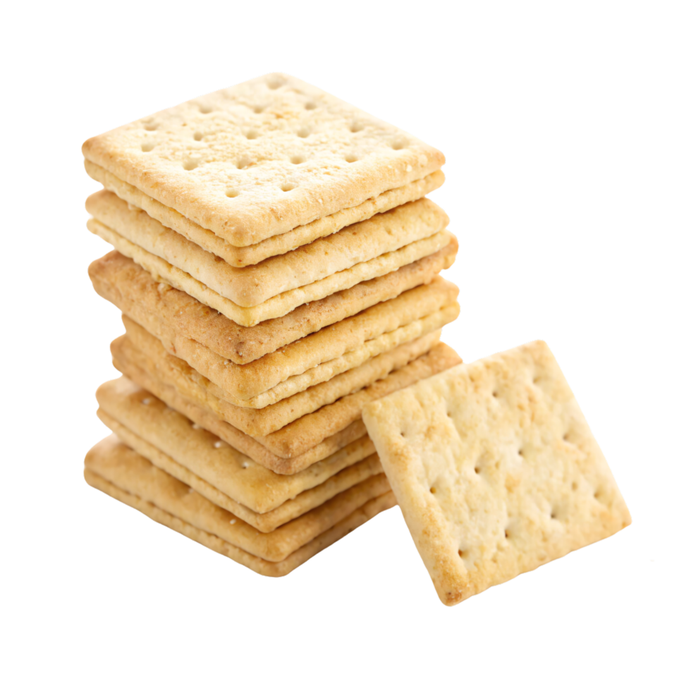 A neat stack of square crackers with golden, toasted edges and subtle perforations, ready for snacking or pairing with cheese png