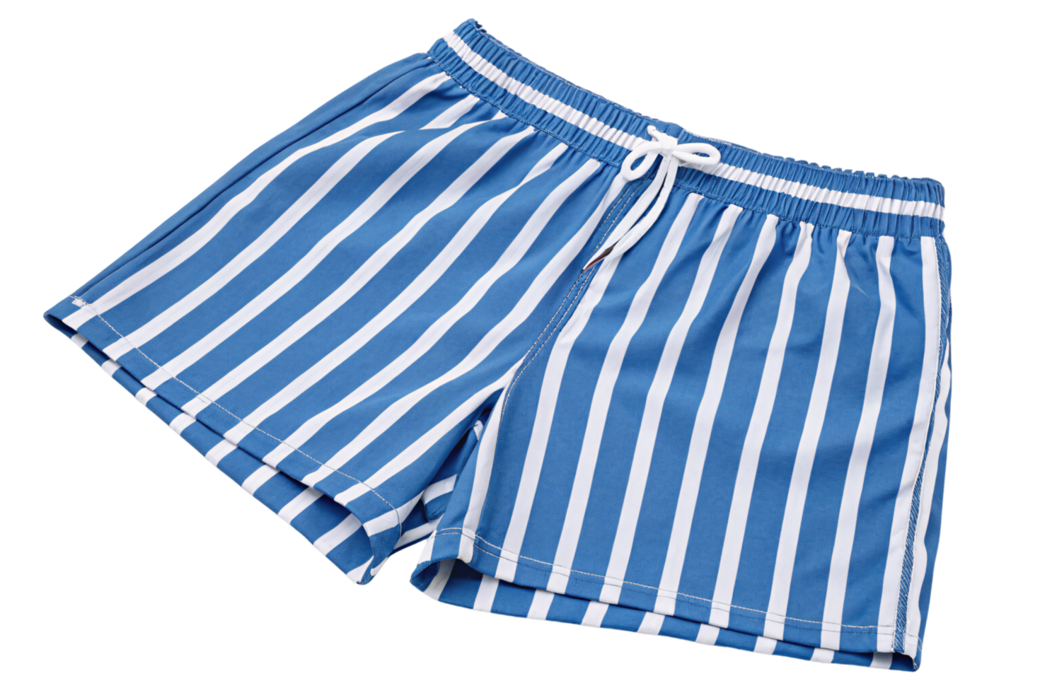 Blue and white striped swim shorts with an elastic waistband and a drawstring, showcasing a summery design with crisp lines for casual beachwear png