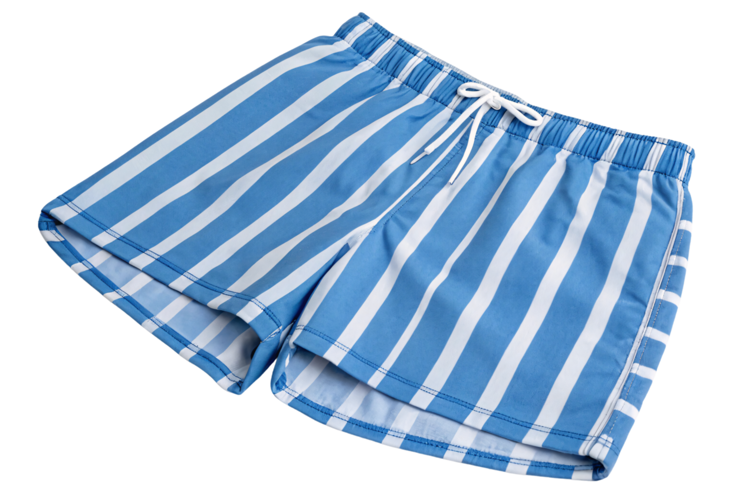 A pair of vibrant blue swim shorts featuring bold white vertical stripes and an adjustable drawstring, embodying a relaxed, modern beachwear style png