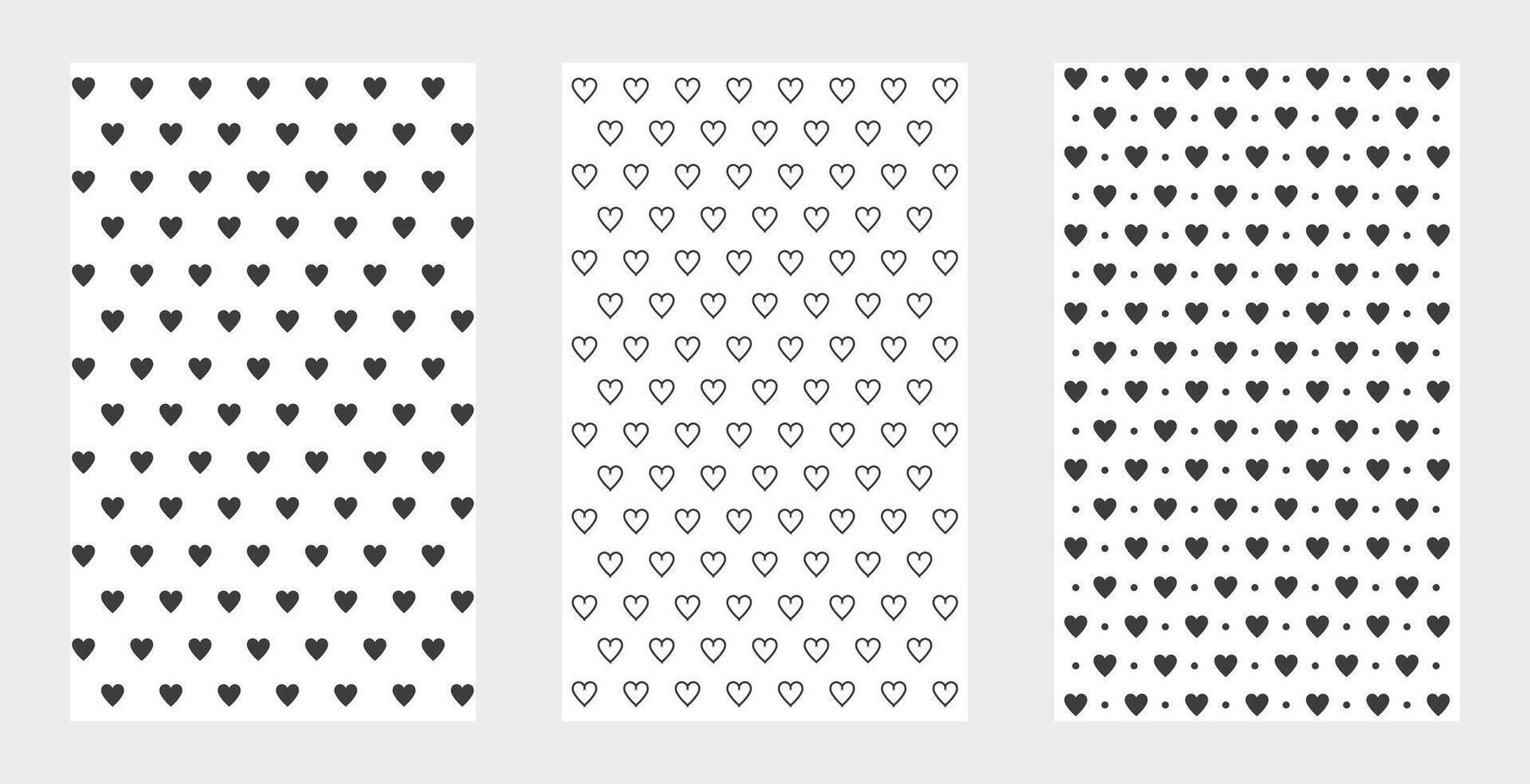 Cute patterns set with black hearts design, lovely cards, design for decoration, wrapping paper, print, fabric or textile, art love collection vector