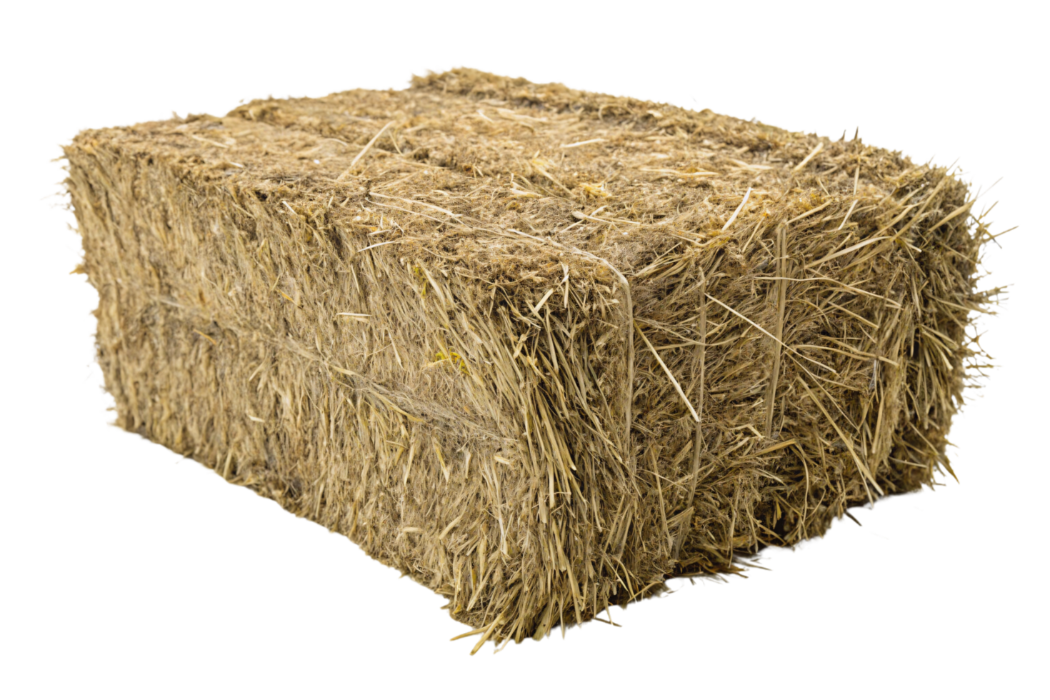 A compact rectangular hay bale, neatly tied with twine, emphasizing its coarse texture and golden hues used for animal feed or farming png