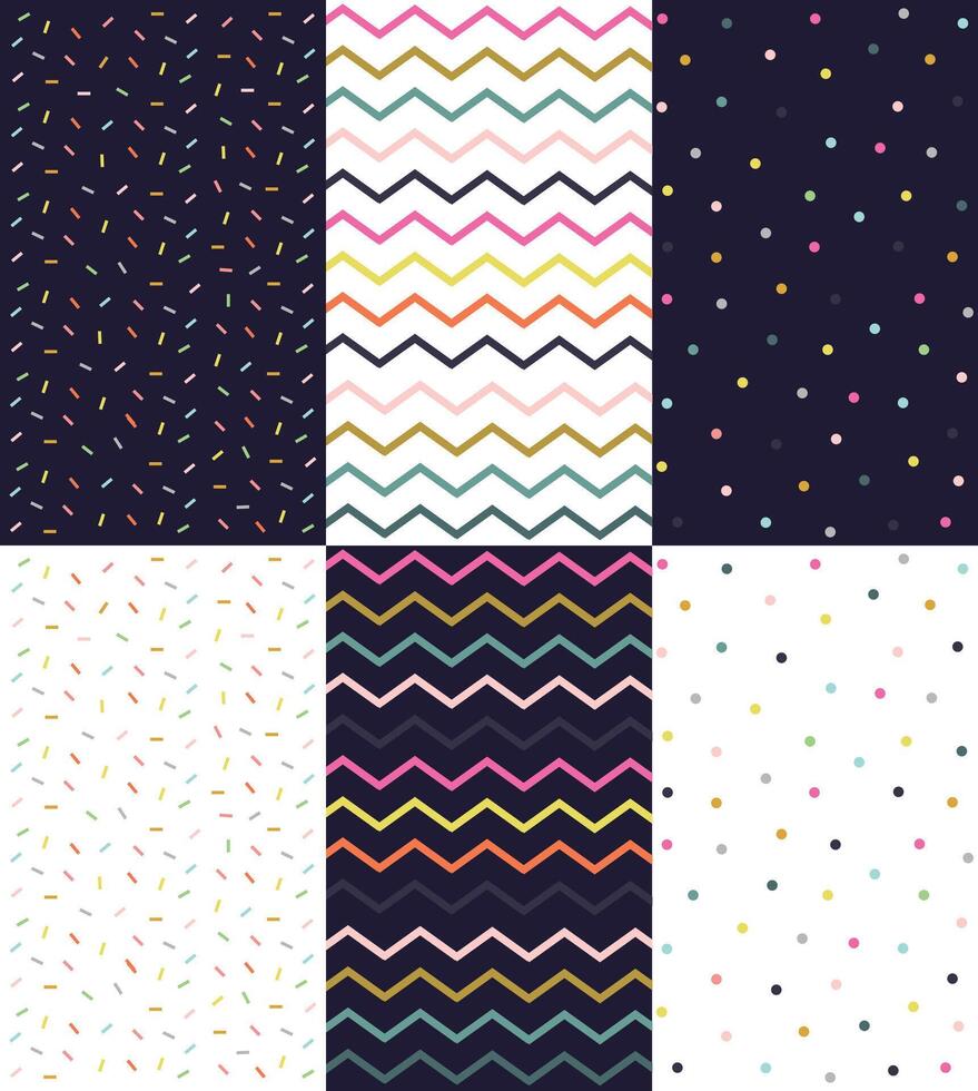 Modern color seamless geometric patterns set, design for decoration, wrapping paper, print, fabric or textile, wonderful collection, cute cards vector