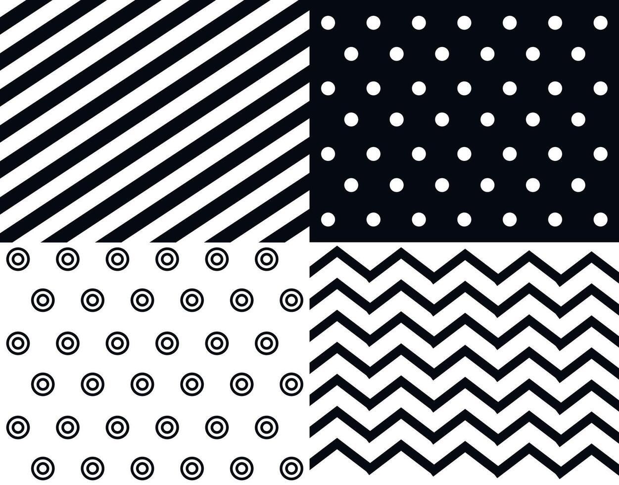 Set geometric seamless patterns, design for decoration, wrapping paper, print, fabric or textile, stylish collection, black and white cute cards, fashion set vector