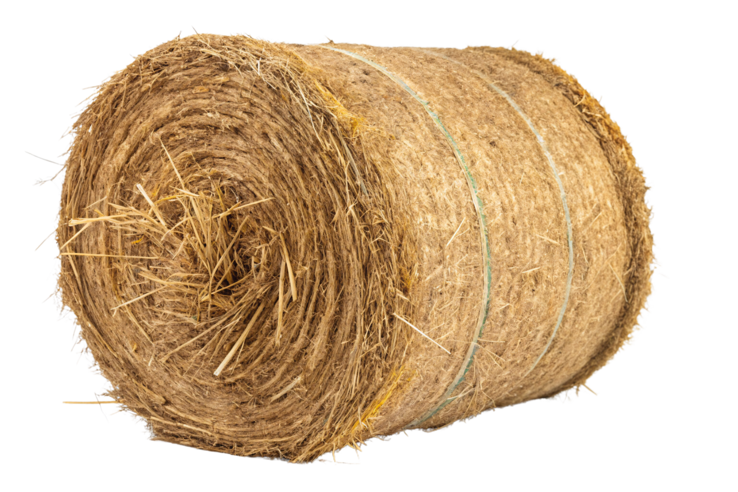 A view of a hay roll, secured with green twine, capturing its structured, layered form and rustic charm png