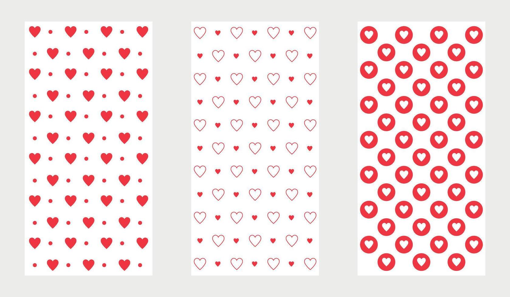 Modern beautiful patterns set with red hearts, lovely cards, art, Valentines day, nice love collection, design for decoration, wrapping paper, print, fabric or textile, illustration, flat design vector