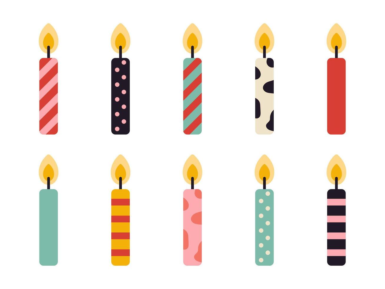 burning birthday cake candles set. Collection of cute candlelights in flat design. vector