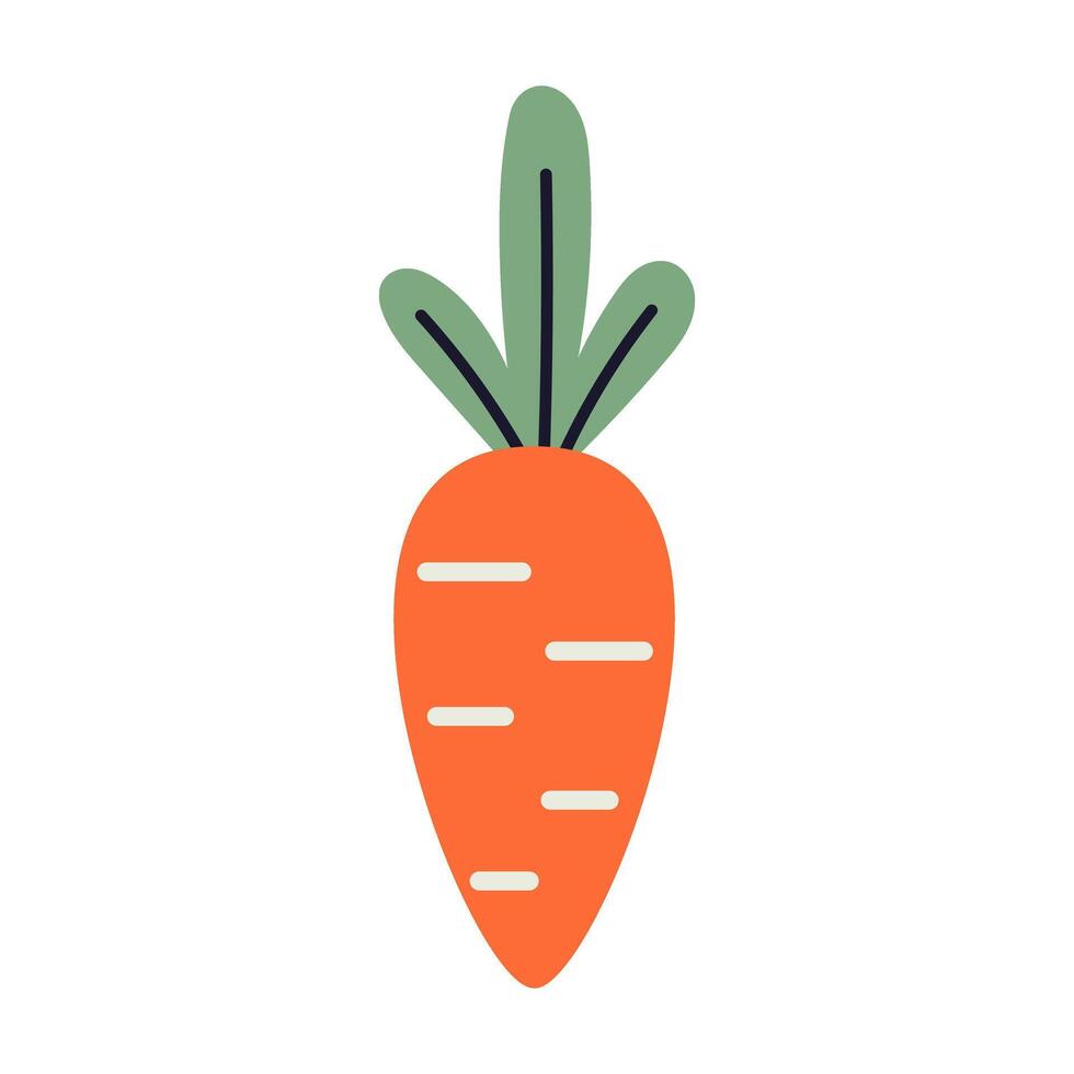 Flat illustration of a fresh orange carrot with stylized green leaves. A playful and festive design for easter and spring decorations. vector