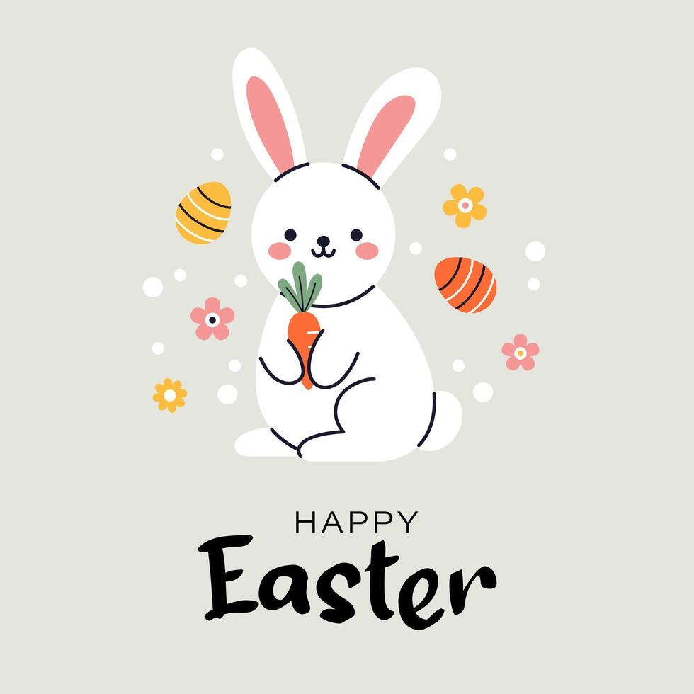 A cute illustration of easter greeting card with rabbit in flat design. Perfect for festive invitations, postcards, party posters and banners. Easter eggs, bunny and flowers. Happy easter. vector