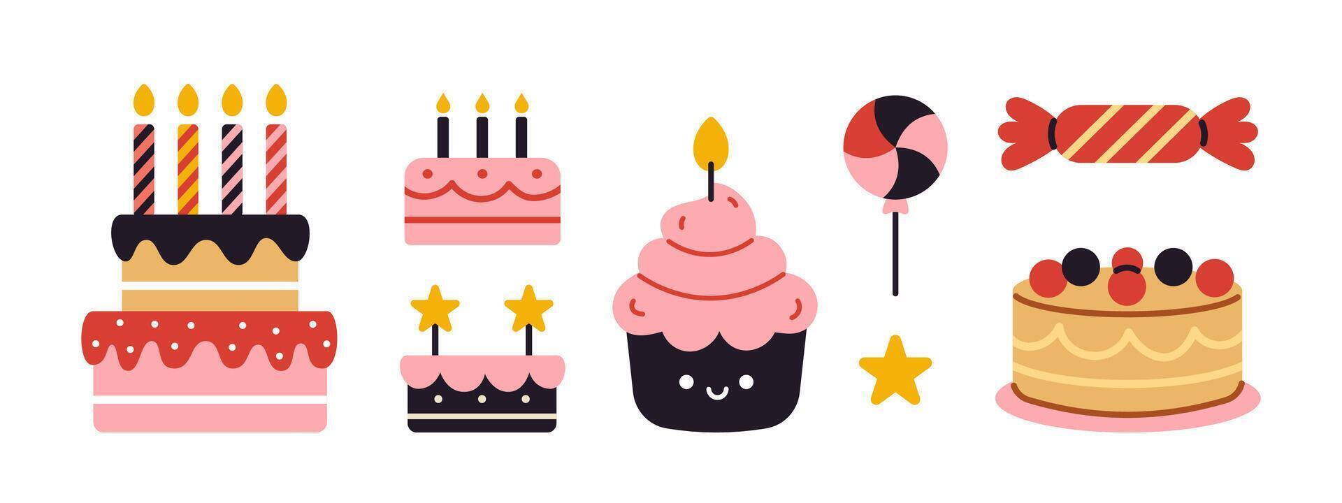 birthday cakes and candies set. Collection of cute festive sweets in flat design. Kids childish celebration sweet food cliparts. vector