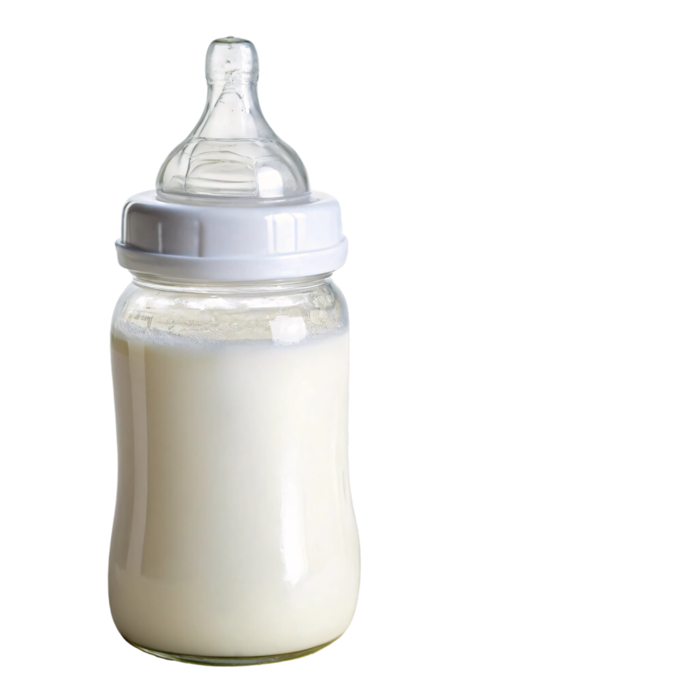 Compact milk-filled baby bottle with a slightly textured design, showcasing practicality and ergonomic handling for caregivers png