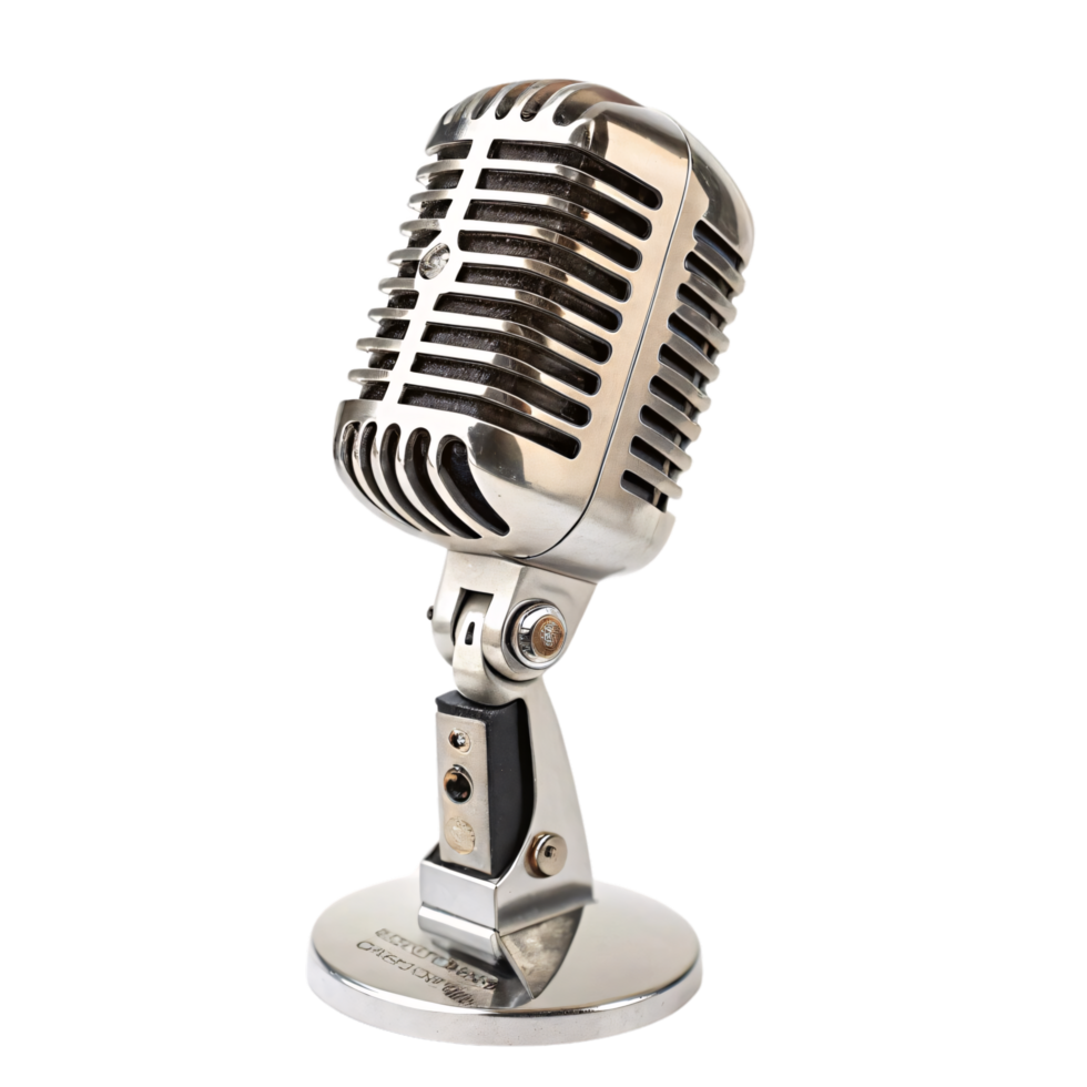 A silver vintage-style microphone with a polished finish, featuring a round base and intricate grille design, ideal for classic music enthusiasts png