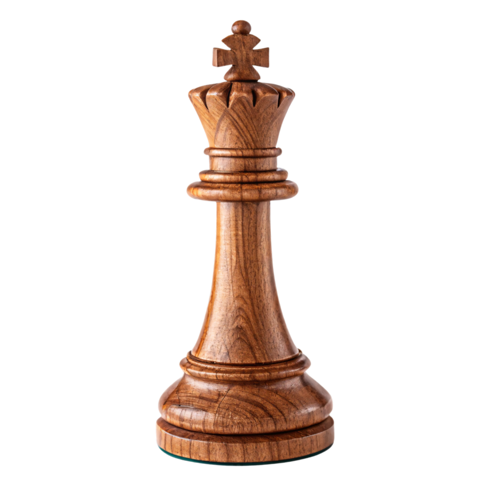 A beautifully carved wooden king chess piece with intricate details, smooth finish, and a polished crown png