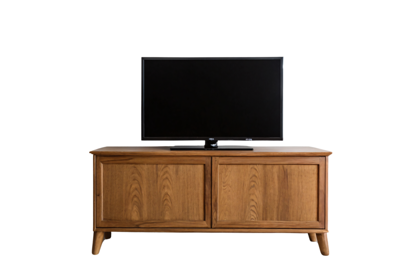 Minimalist wooden TV console with two large compartments and clean lines, paired with a flat-screen TV, offering a modern touch png