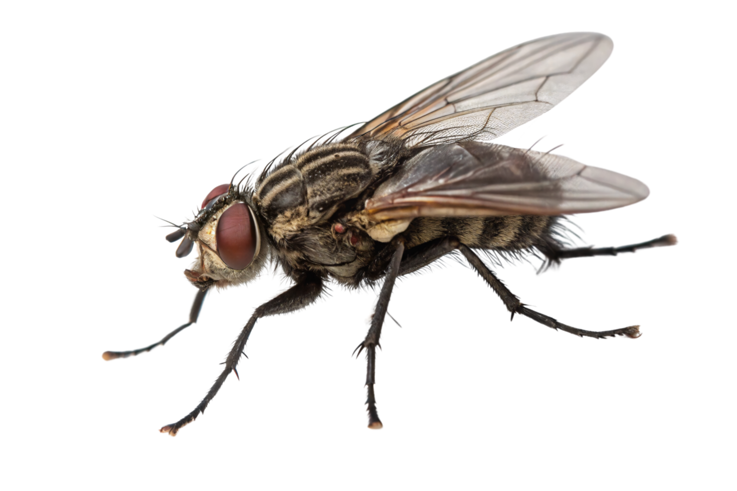 A housefly macro shot, featuring detailed body segments, transparent wings, and strikingly red eyes, offering an intense look at its structure png