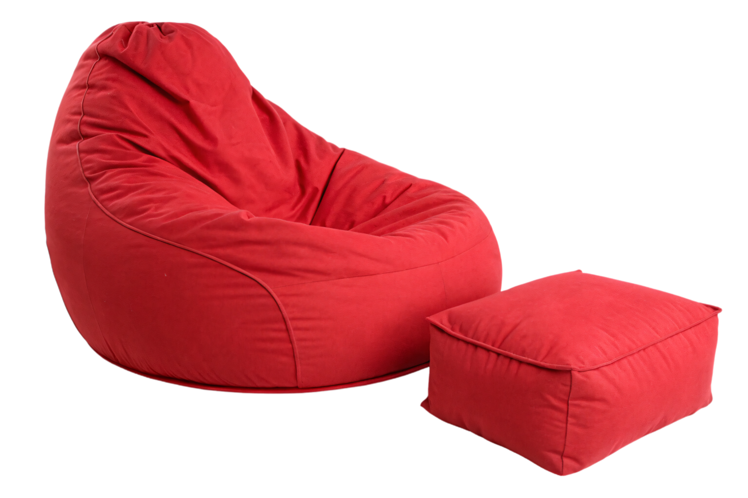 Perspective view of a red bean bag chair and its ottoman, emphasizing comfort and the fabric's texture in a relaxed setting png