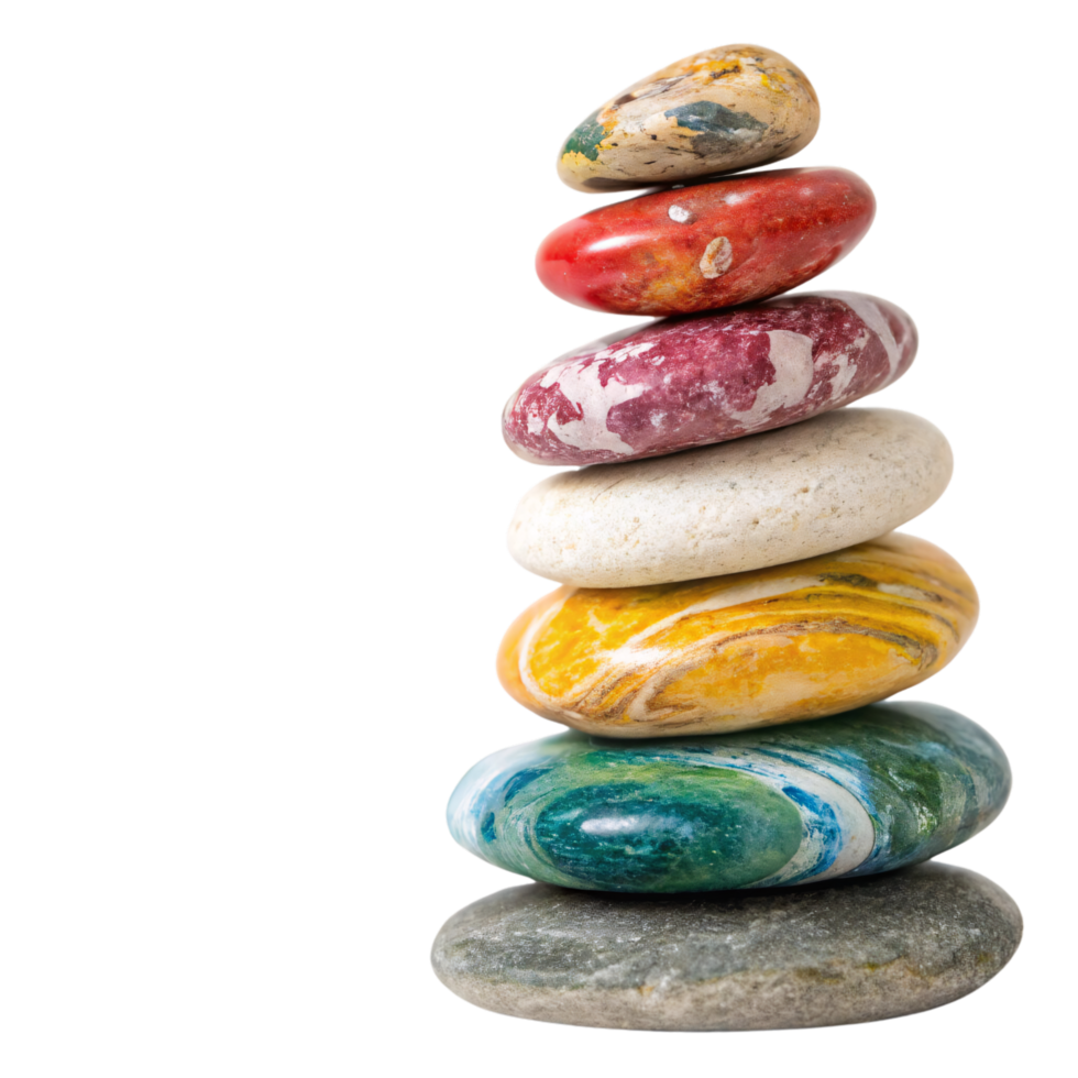 A stack of uniquely patterned stones, displaying marbled designs in red, yellow, green, and white tones png