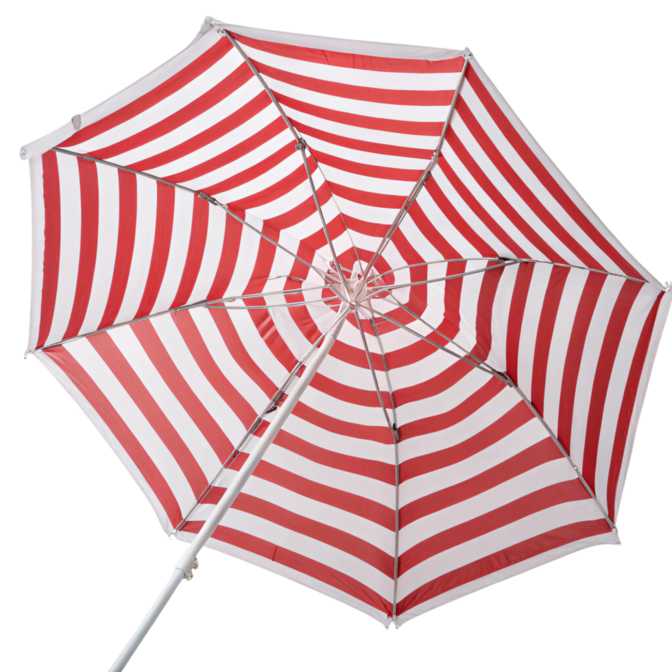 Angled view of the red-and-white striped umbrella, revealing the metallic frame and dynamic striped patterns radiating outward png