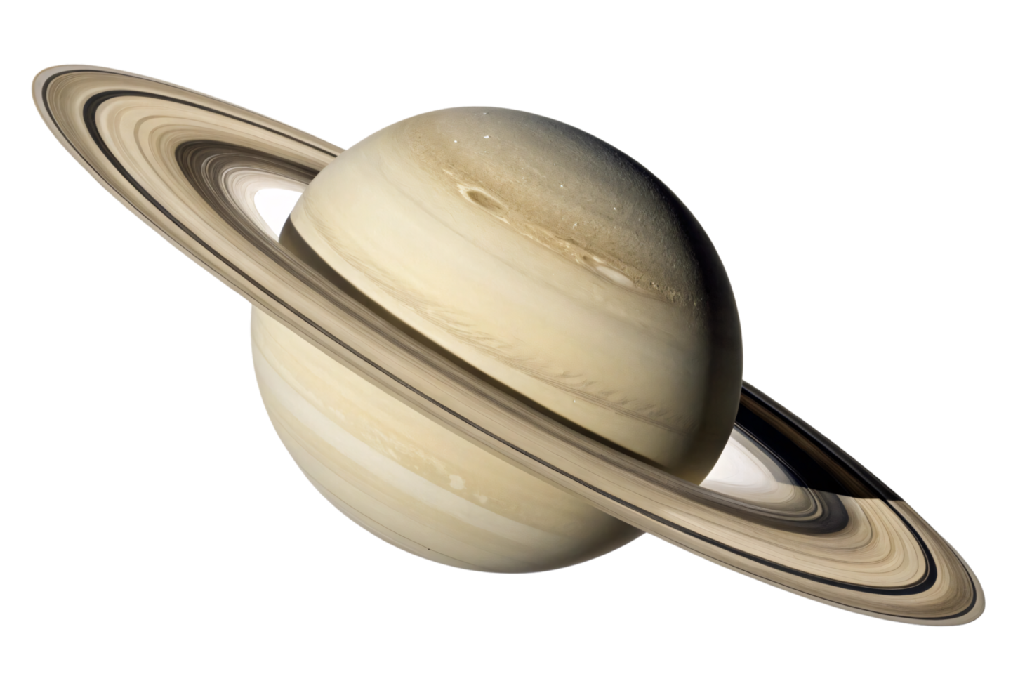 Close-up of Saturn from a slightly angled view, highlighting the sharp definition of its atmospheric bands and intricate ring structure png