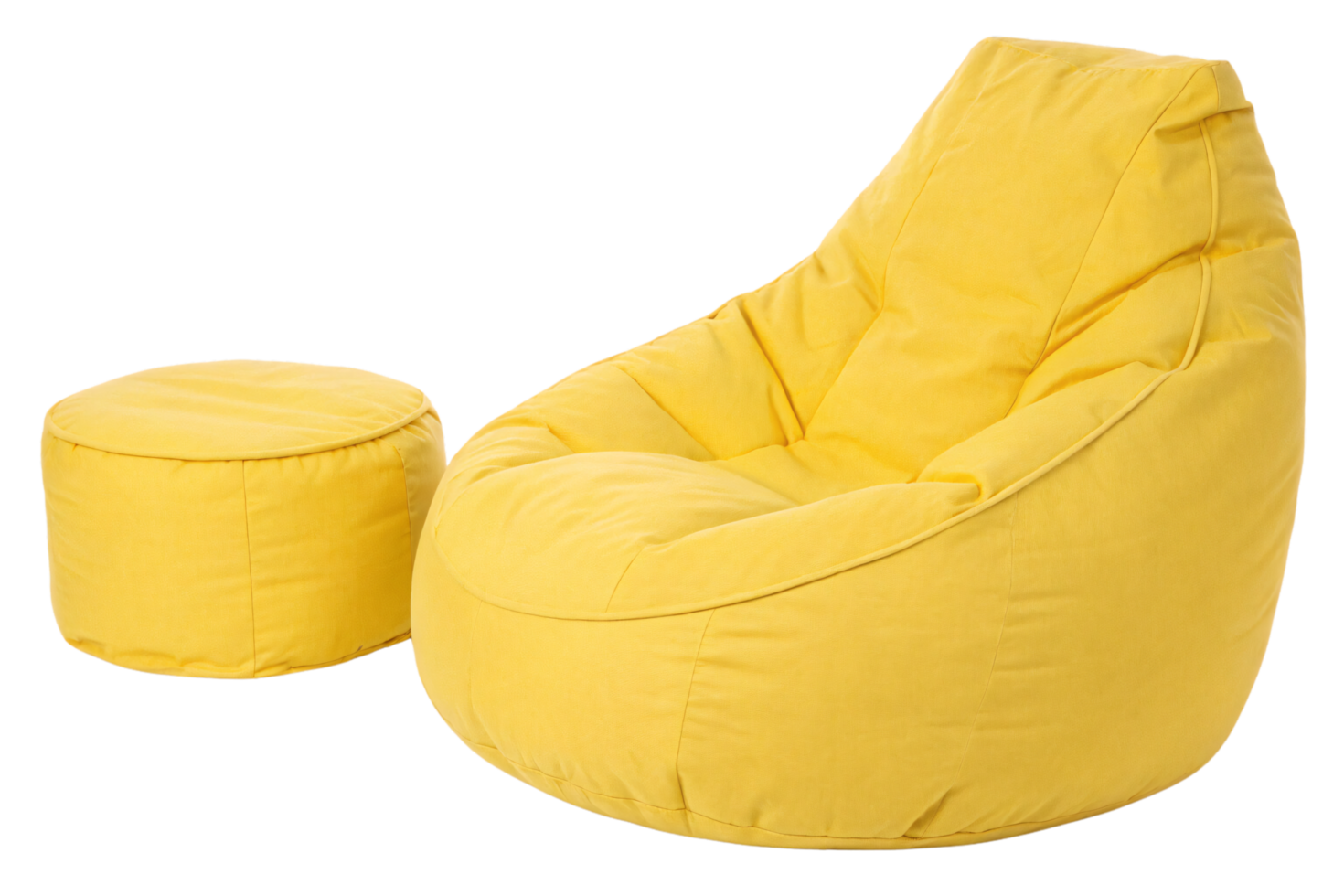 Vibrant yellow bean bag chair with a circular ottoman, designed for ultimate relaxation and style, blending functionality with a pop of color png