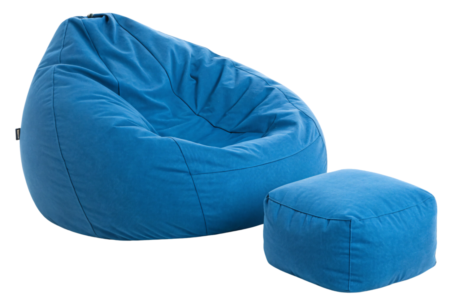 A vibrant blue bean bag chair paired with a matching cube-shaped footrest, offering a cozy and modern seating solution for relaxation png